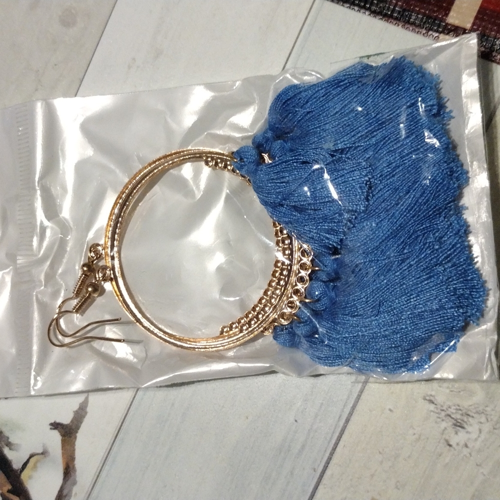 Fun tassel earrings lightweight blue tassels on gold hoops